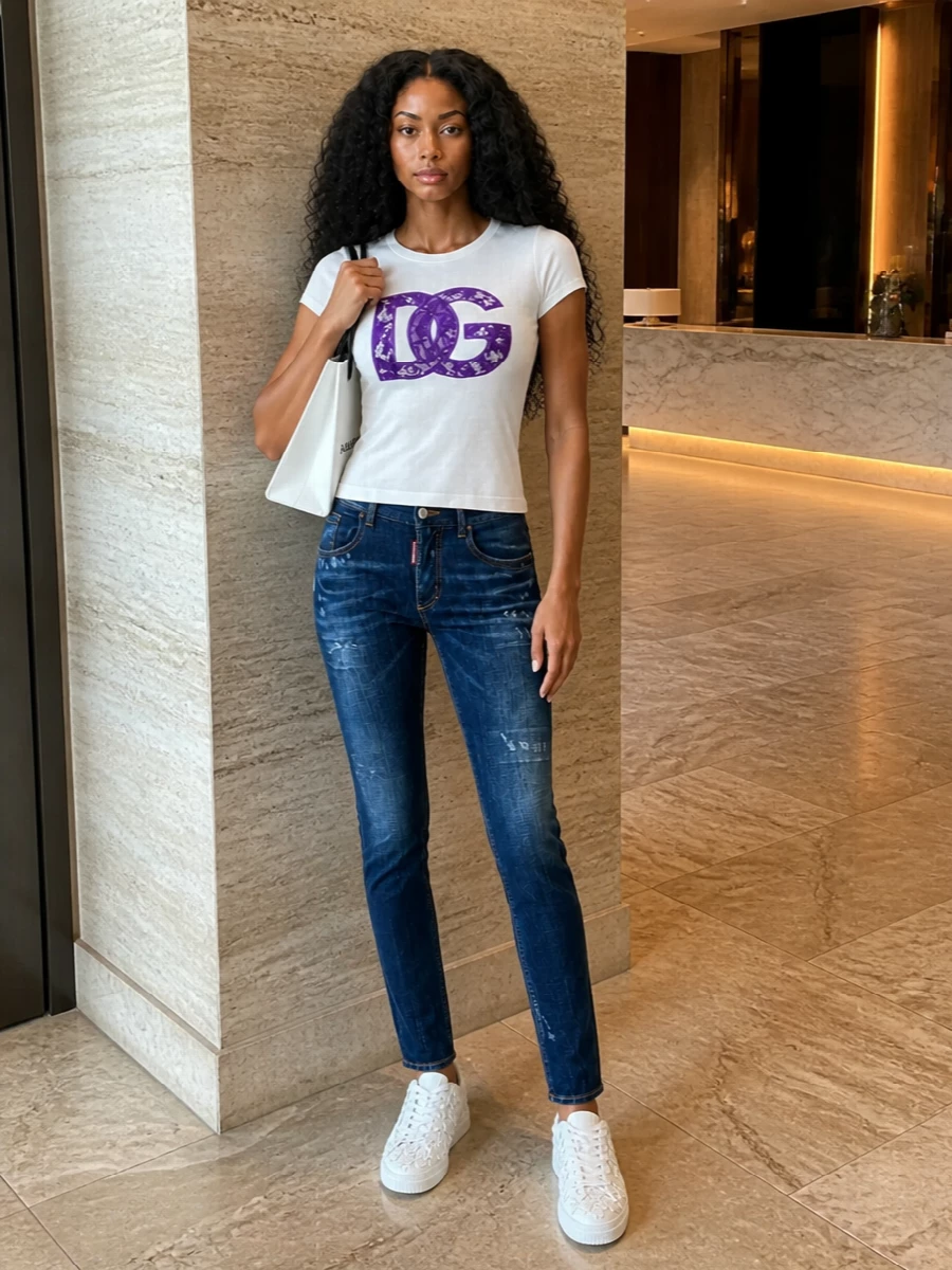 Dolce&Gabbana’s lace-logo tee goes downtown with slim distressed Dsquared2 denim, keeping the mood street but still sharp. Floral-detailed Autry sneakers pull the romantic thread into your footwear, while a white Balenciaga mini tote doubles down on clean, graphic logo energy. It is an easy city uniform that balances softness and edge without trying too hard.