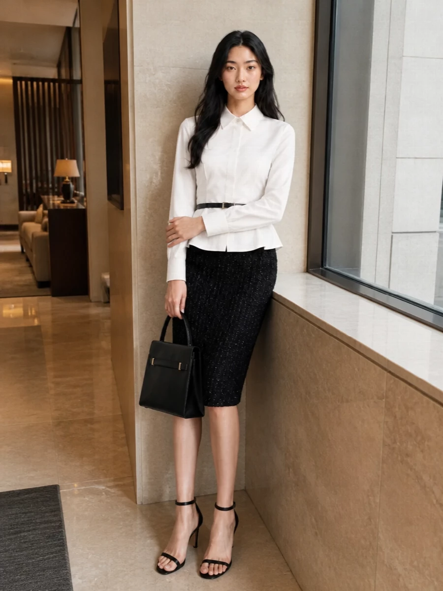 A high-waisted tweed pencil skirt meets a crisp, nipped-in white shirt for a clean, sculpted silhouette that feels quietly powerful. Barely-there black sandals and a structured top-handle keep the palette disciplined, letting texture and proportion do the work. A fine black belt at the waist sharpens the line without disturbing the skirt’s understated sheen.