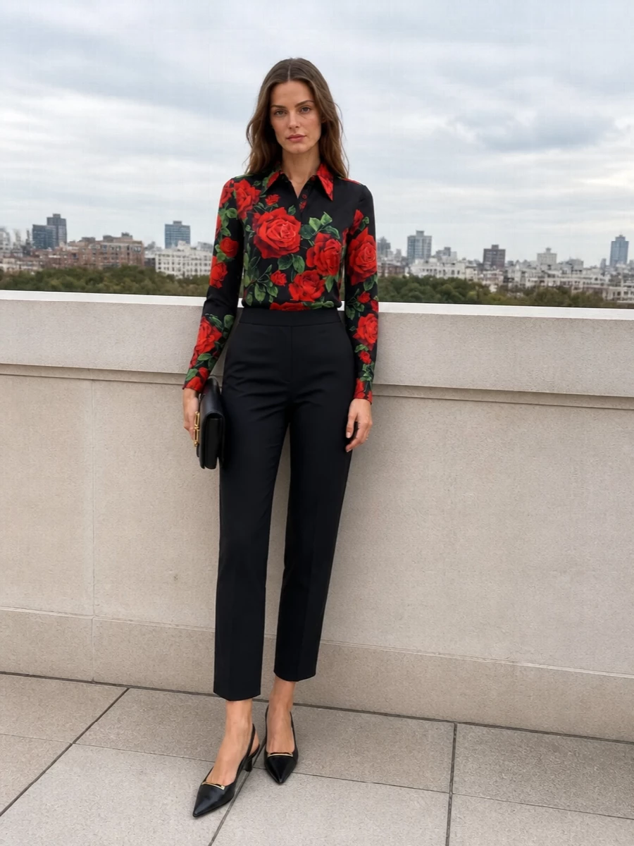 Dolce&Gabbana’s rose shirt is grounded in precise black tailoring, so the print reads powerful rather than sweet. Slim Armani trousers, a pointed slingback and a structured Tom Ford bag create a long, clean evening line that moves effortlessly from dinner to late-night drinks. The result is romantic suiting with unmistakable Italian polish and focus on the waist-up drama.