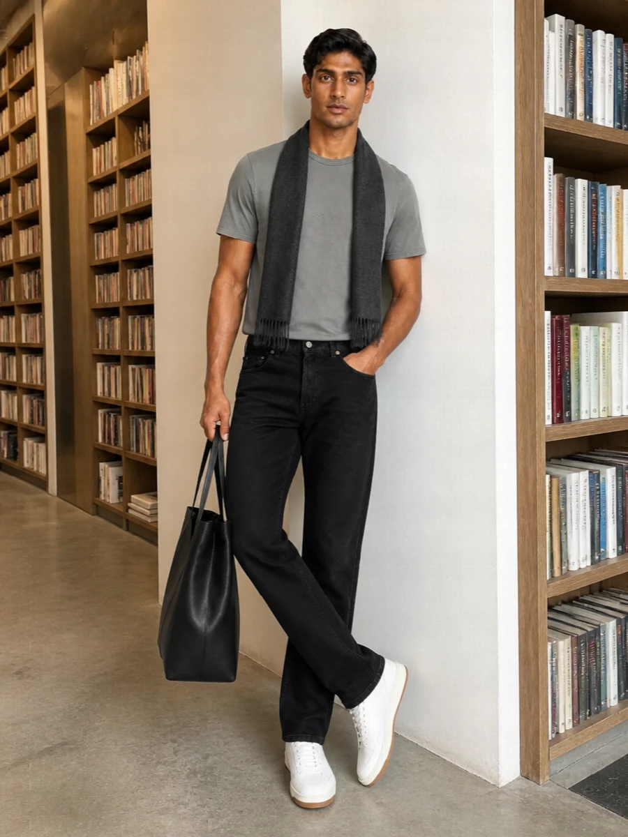 Washed grey and black keep this Saint Laurent combo firmly in that low‑key, Parisian city lane. The straight black denim and crisp court sneakers streamline the silhouette, while the sculptural tote and charcoal scarf add just enough structure and texture for cooler days. It is an easy off‑duty uniform that still reads considered from café mornings through late dinners.