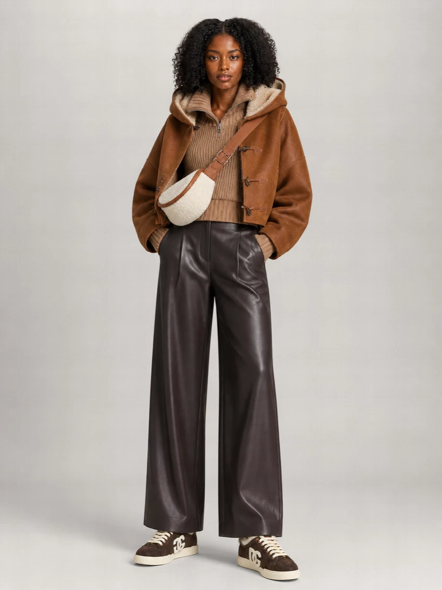 I built this around the cropped Isabel Marant shearling with a full top and trouser route to keep the vibe urban and relaxed rather than dressy. Camel on top and deep espresso leather‑finish trousers create a long, clean line under the swingy jacket, while shearling sneakers and a belt bag repeat the tactile story for a coherent cold‑city streetwear ensemble that still reads quietly refined.