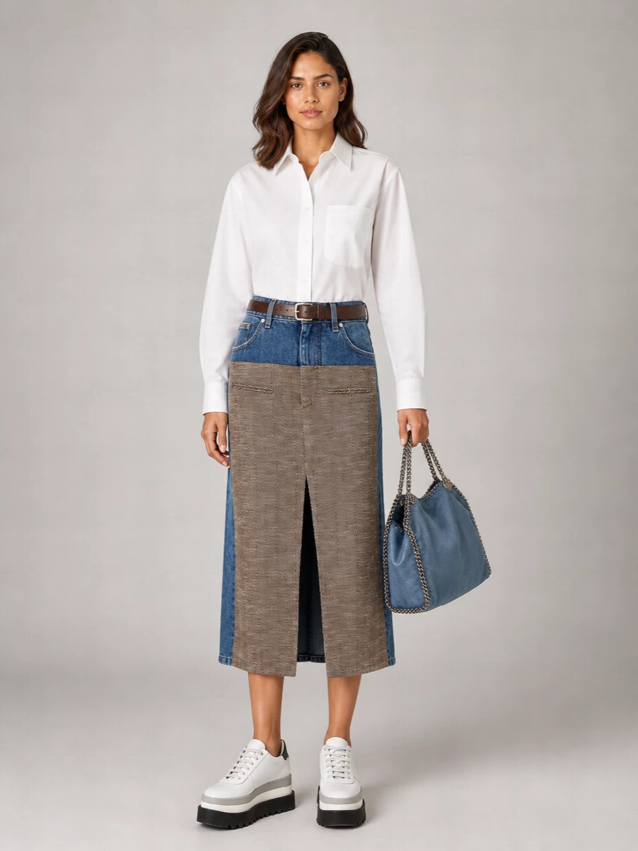 Stella Mccartney Denim Tweed Paneled Mid-Length Straight Skirt