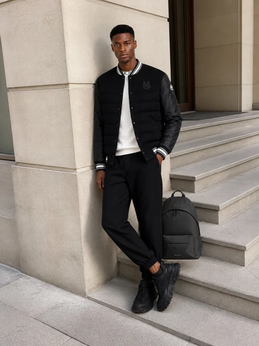 Moncler varsity bomber athleisure outfit men