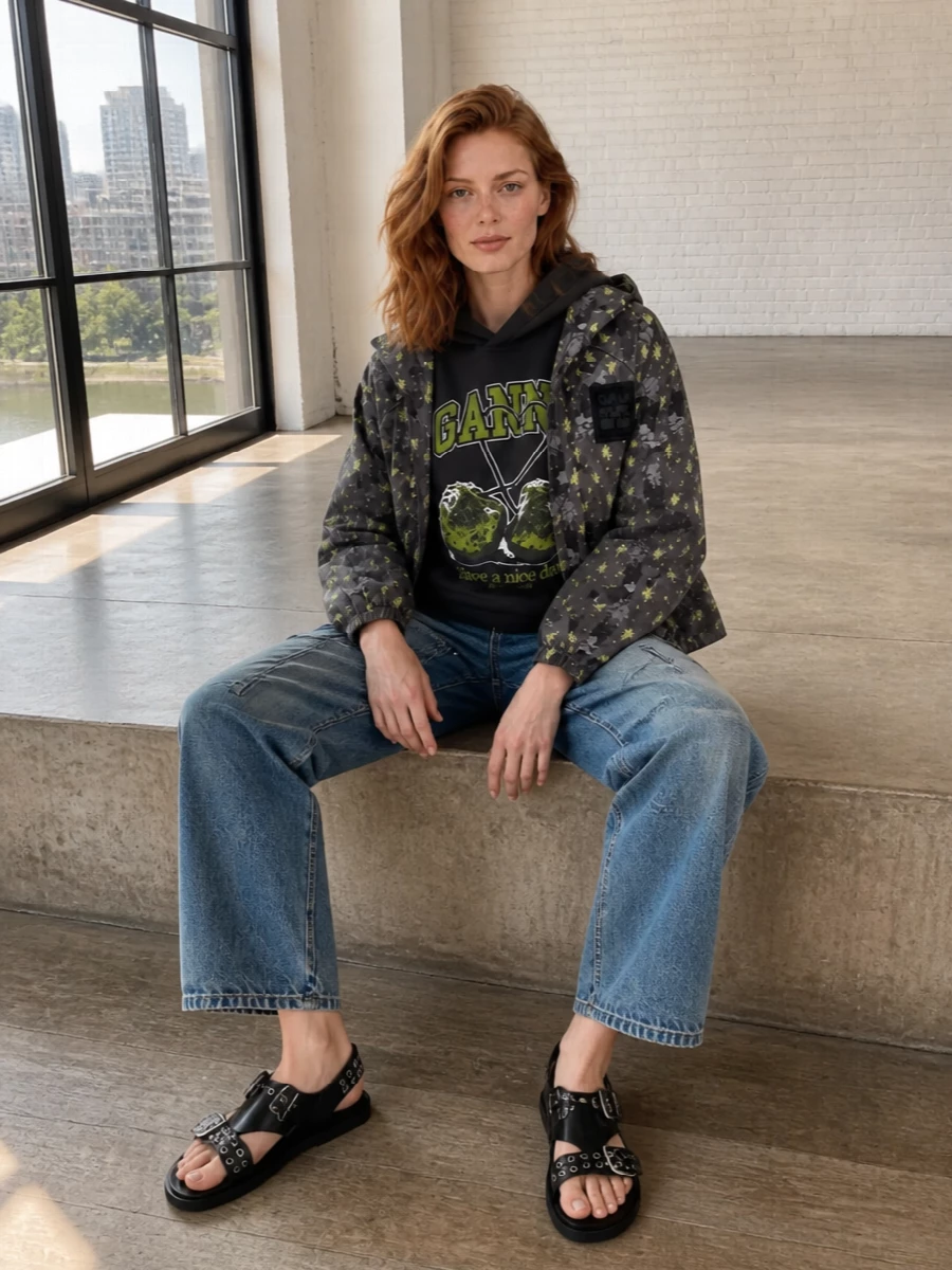 Ganni raincoat hoodie cargo jeans outfit