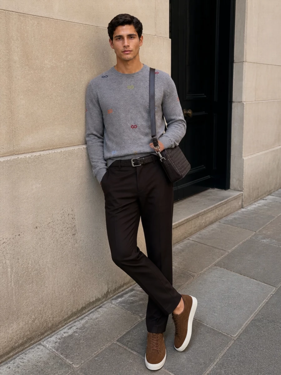 Gucci heather grey knit espresso tailored outfit