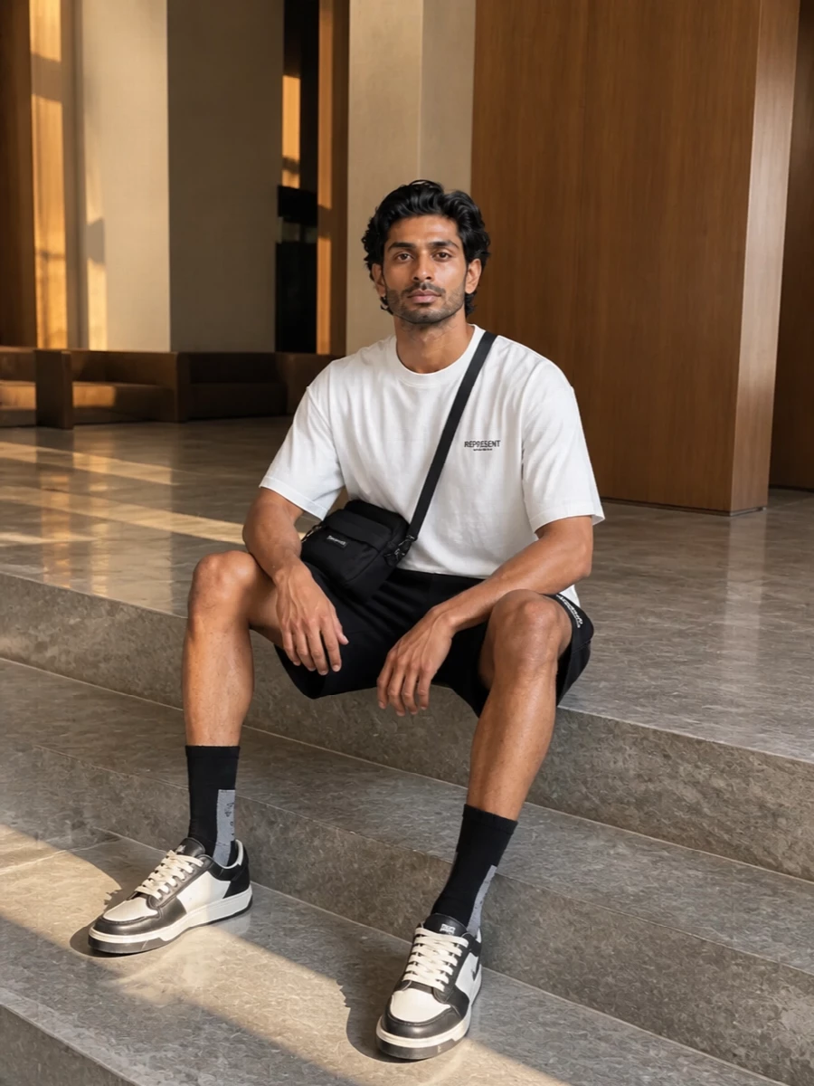 Represent black shorts white tee sneakers