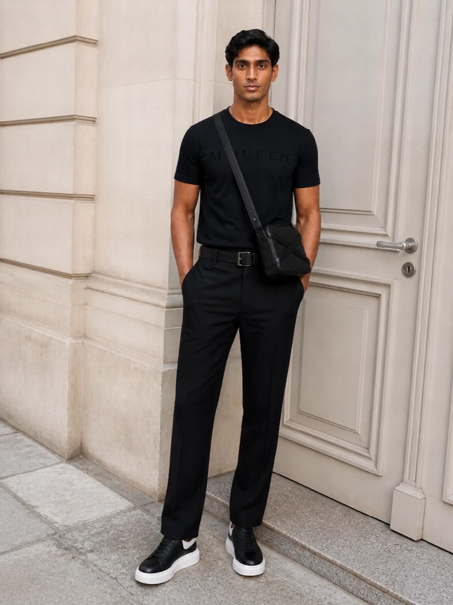 Alexander mcqueen black t shirt tailored trousers outfit