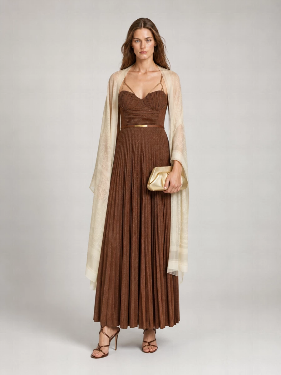 Elisabetta Franchi Laminated Bustier Pleated Maxi Dress