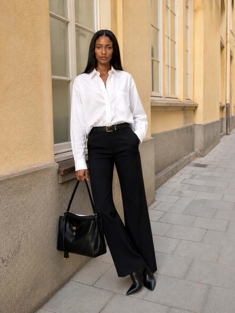 Balenciaga white shirt black flared trousers outfit