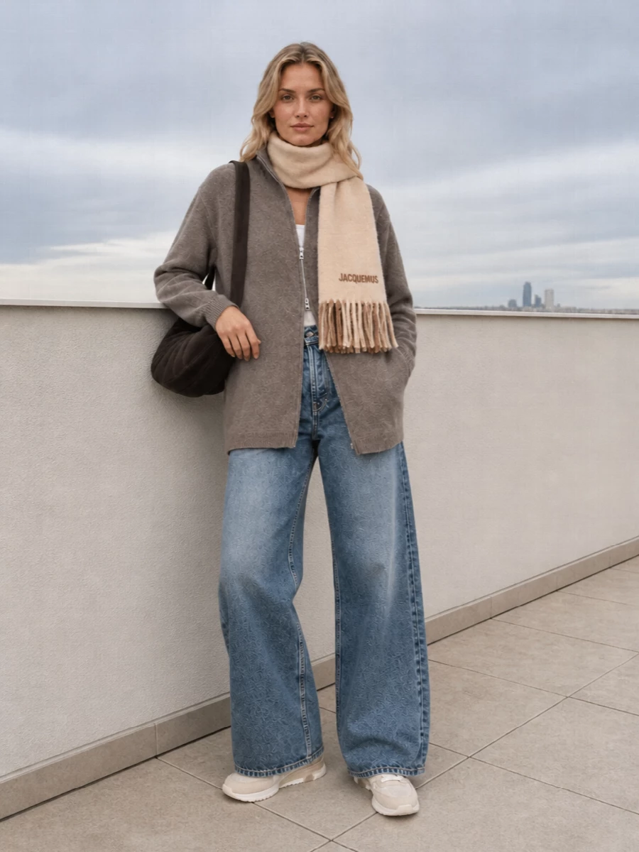 A long taupe zip cardigan, vintage-leaning wide-leg denim and soft neutral sneakers create a calm, off-duty uniform that still feels considered. The deep brown crescent bag and tonal scarf add quiet structure and warmth without disturbing the relaxed, minimalist line. It is the kind of winter pairing that moves easily from errands to studio days while staying firmly in the quiet luxury space.