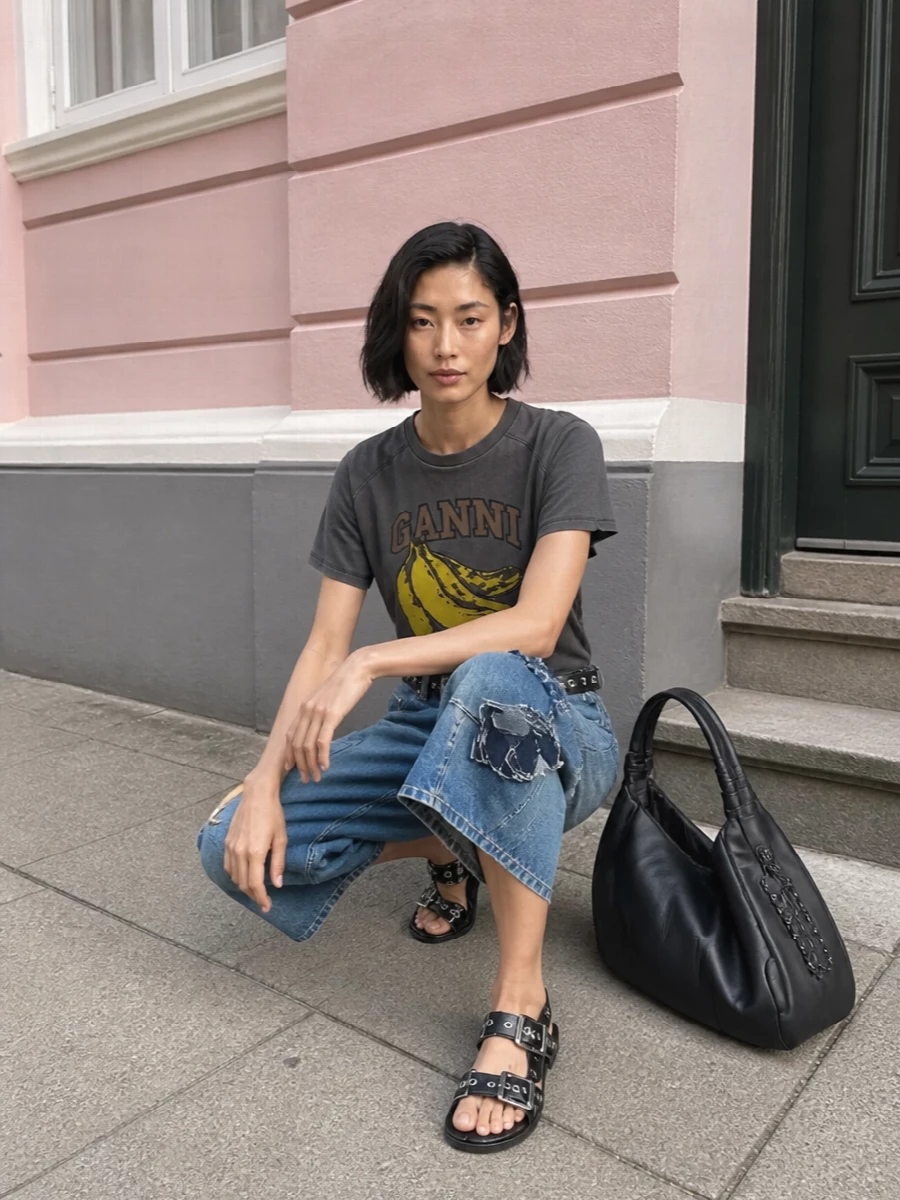Ganni denim bermuda shorts graphic tee outfit
