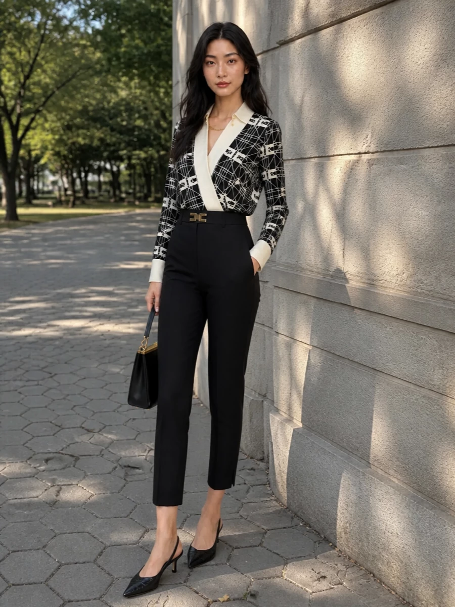Elisabetta franchi wrap blouse black tailored pants