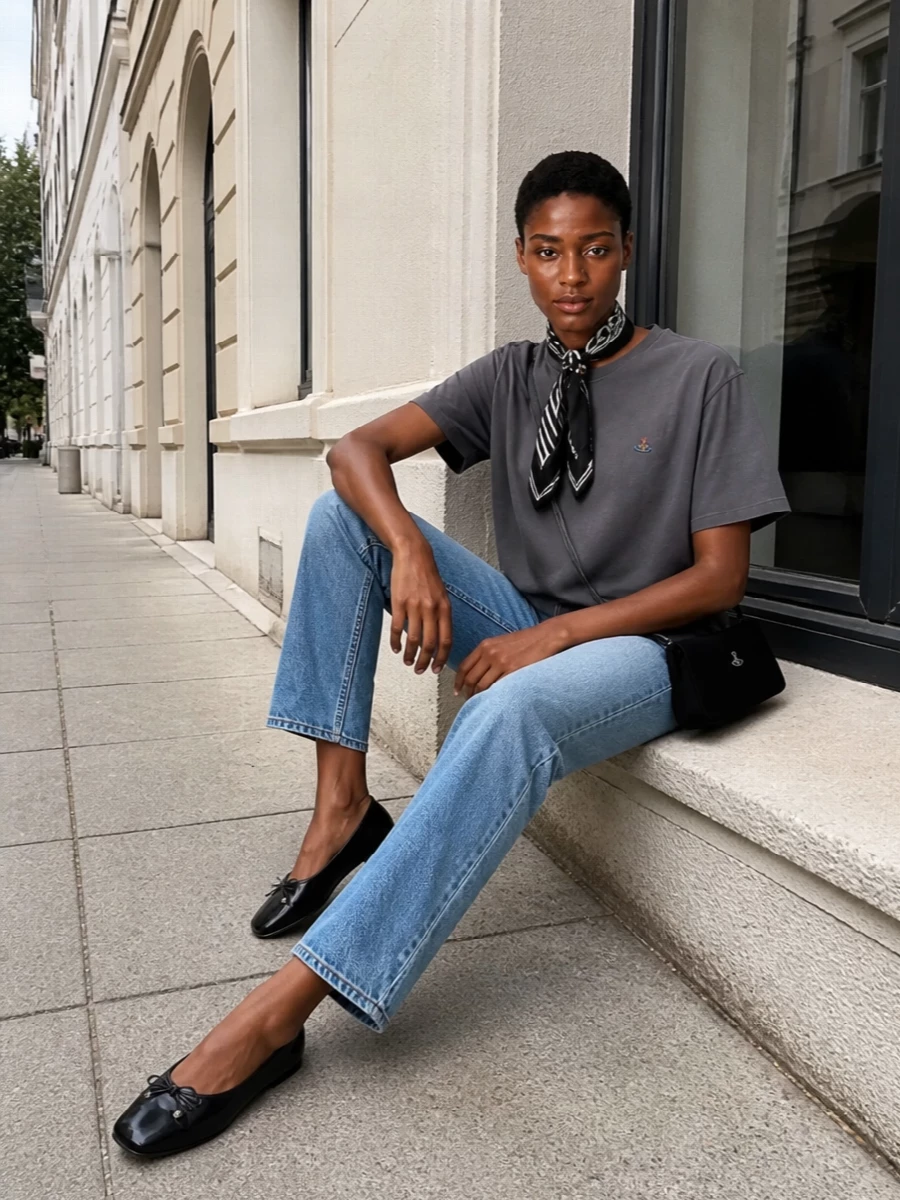 Slate grey and mid blue keep this Westwood tee anchored in relaxed, city denim rather than full sportswear, with the straight leg echoing its clean line. Black square-toe flats and a compact baguette sharpen the mood just enough for gallery visits or low-key dinners. A graphic neck scarf finishes it with a quiet, intentional detail instead of heavy logos or color clashes.