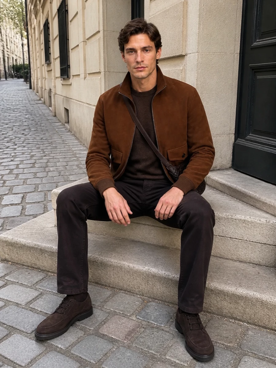 Brunello cucinelli bomber brown denim outfit