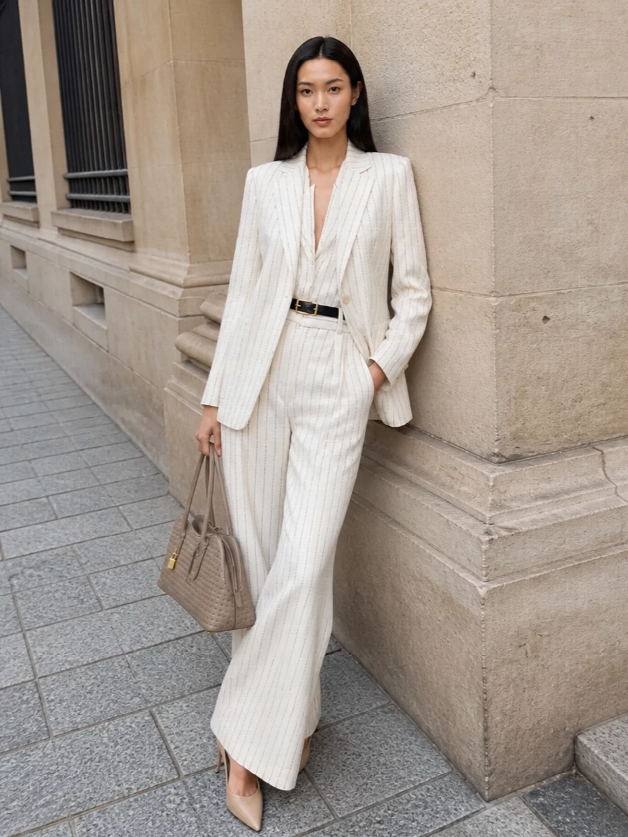 An ivory pinstripe Max Mara suit is the anchor here, cut in a fluid, high-waisted wide leg and matching blazer for a Riviera-lean boardroom look. A nude Prada stiletto keeps the silhouette long and elegant, while a structured taupe top-handle and a slim black belt add just enough definition and contrast to maintain a calm, quietly luxurious mood. The result is summer tailoring that transitions seamlessly from city meetings to terrace dinners with minimal adjustment.