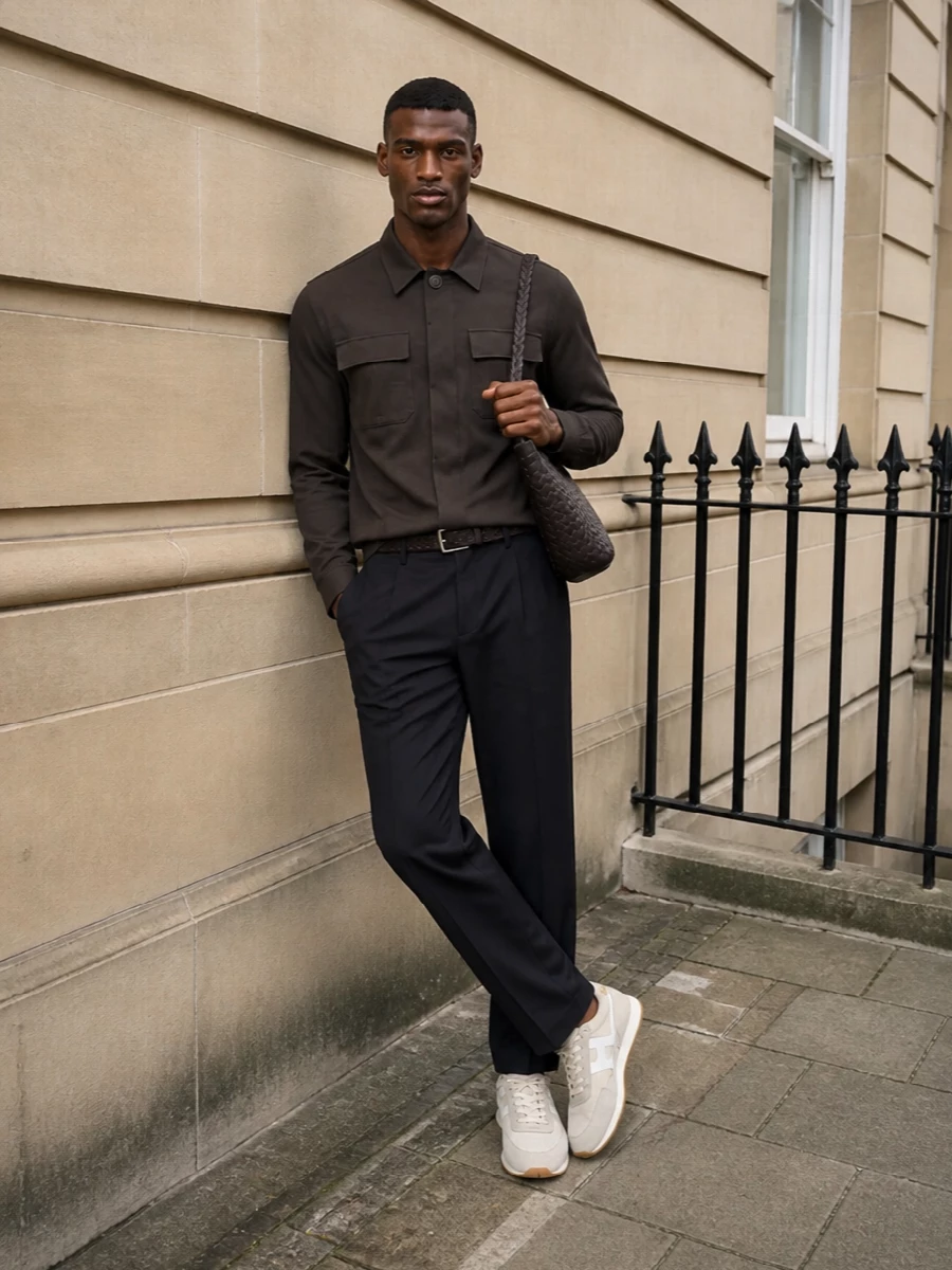 Herno jacket navy trousers bottega bag