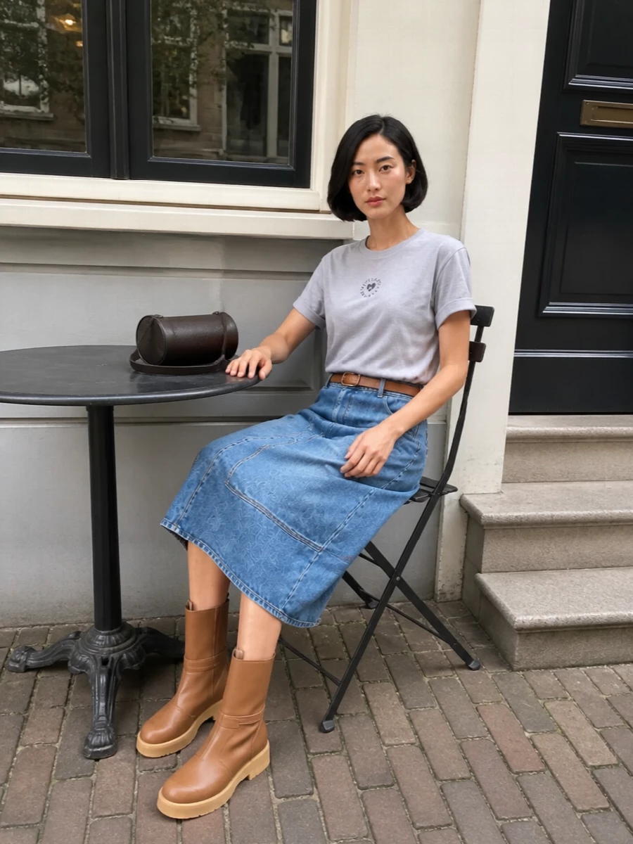 Stella mccartney denim midi skirt tan boots outfit
