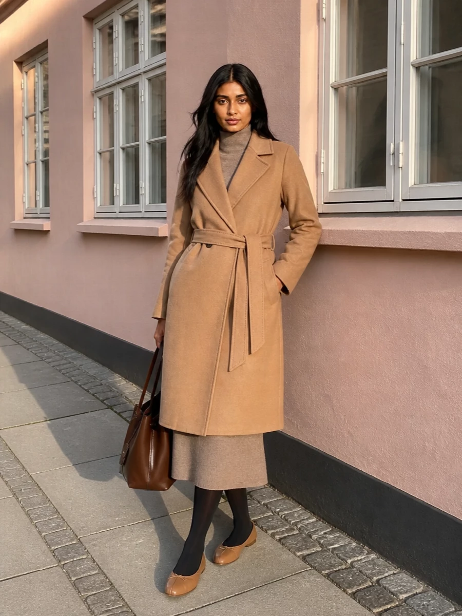 I chose the dress path to preserve a clean, belted column under the coat rather than competing tailoring layers from a blazer and trouser. The taupe knit dress and camel coat read as one elongating line, while the soft ballerinas and structured brown tote keep it city-polished without breaking the neutral harmony. It is a quietly confident answer to long work days that run into dinner, warm and composed without feeling overdone.