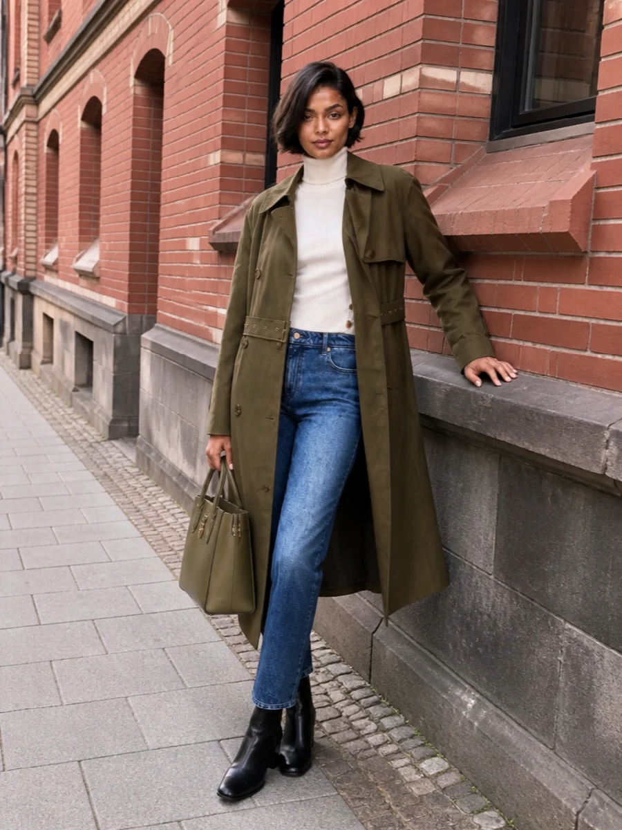 Michael kors trench ivory sweater jeans outfit