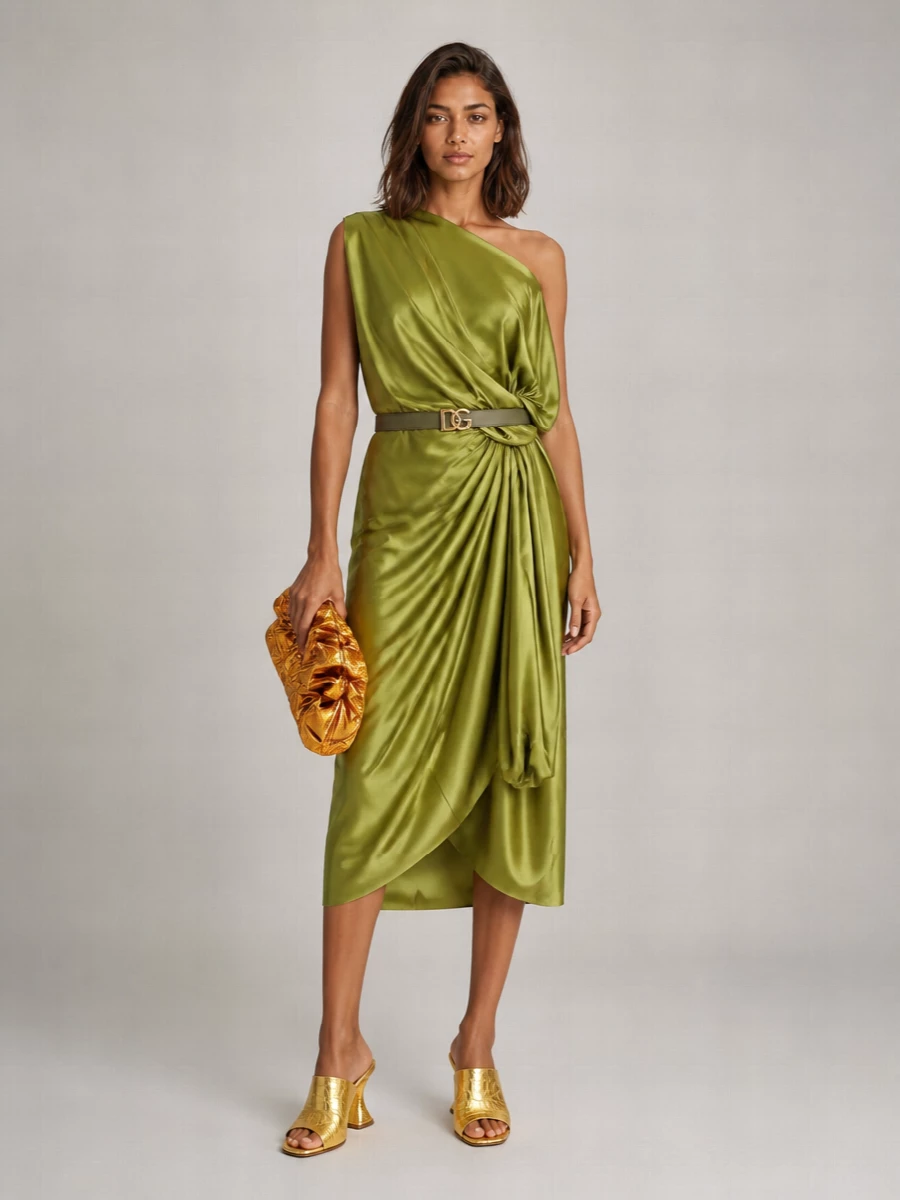 Dries Van Noten Silk Draped Asymmetric One-Sleeve Midi Dress