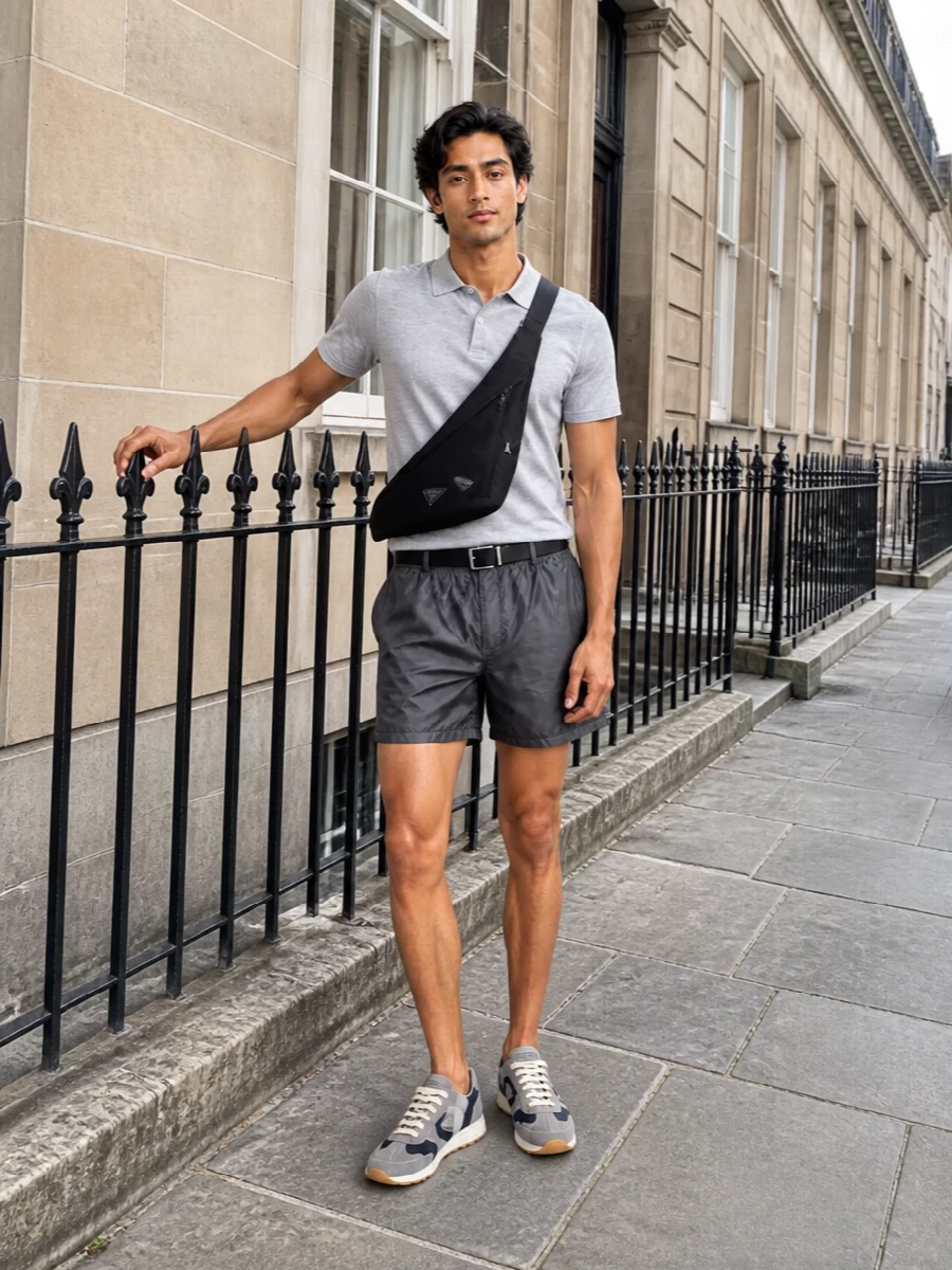 Prada grey knit polo charcoal nylon shorts outfit