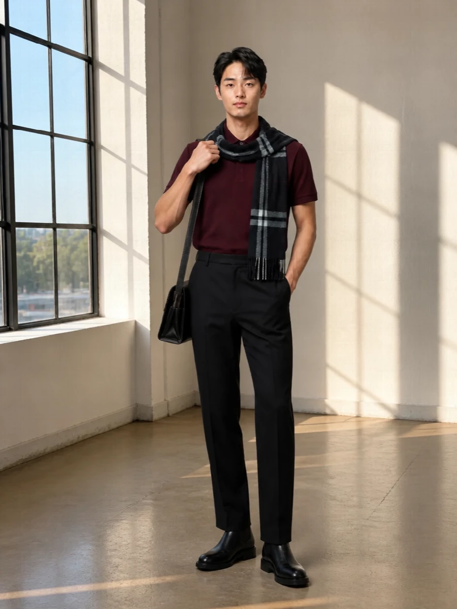 A deep burgundy polo and precise black wool trousers set a quietly confident foundation in tailored lines. Black Chelsea boots and a structured leather shoulder bag keep the mood disciplined yet relaxed, suitable from office to dinner. The charcoal checked scarf introduces a refined hint of pattern that softens the rigor without breaking the clean palette.