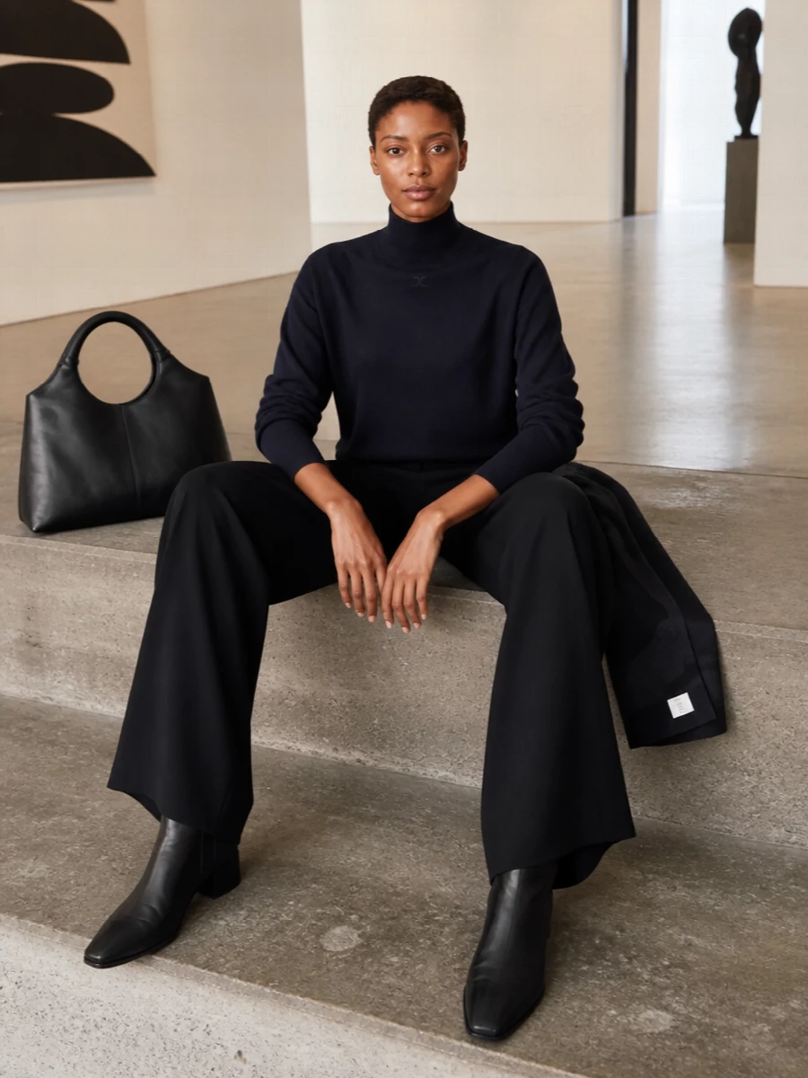 Courreges navy turtleneck black wide leg trousers