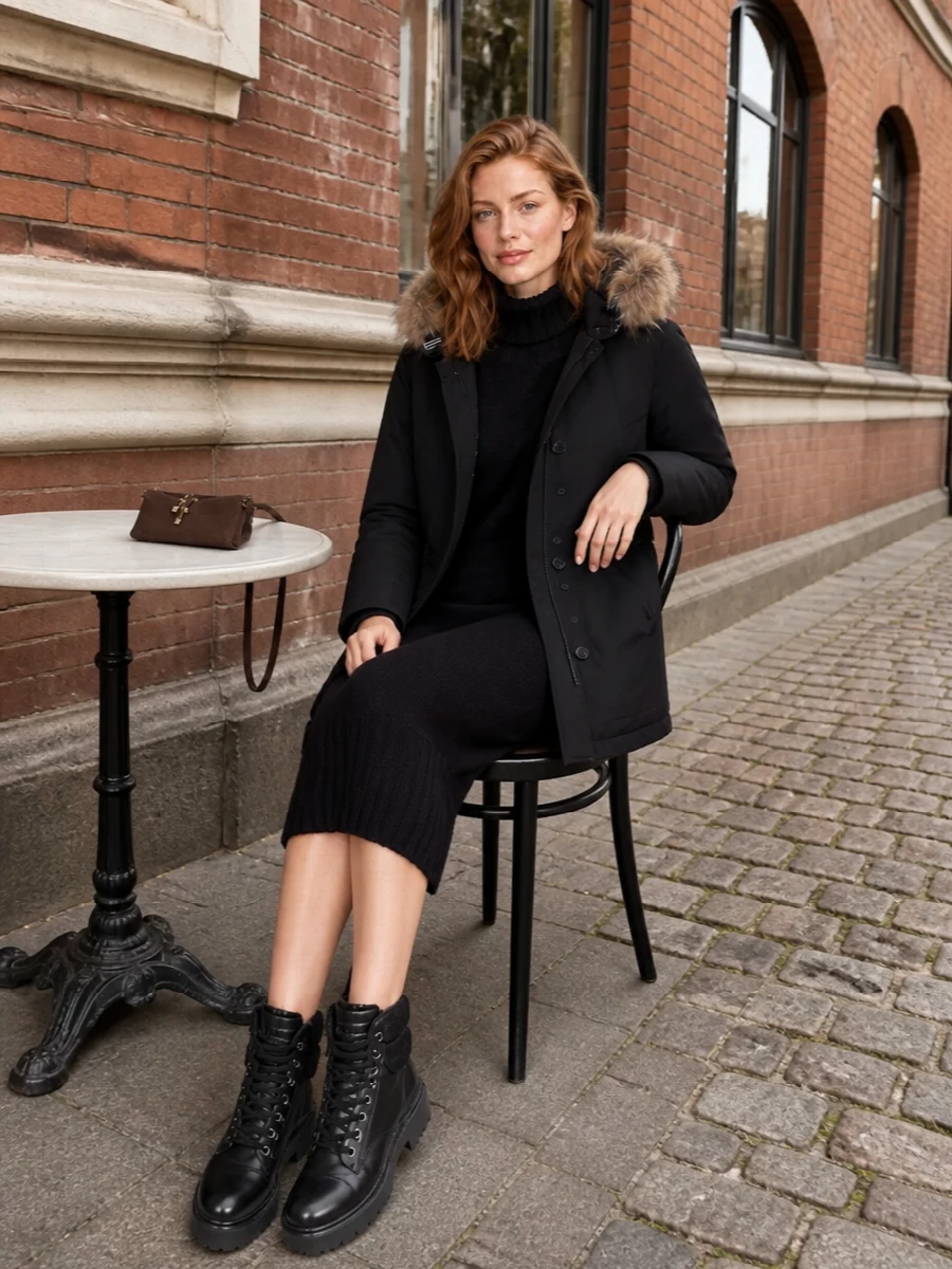 I’m building this around the dress route, so the parka wraps over a single long black knit column rather than competing with a top and mini skirt. The Moncler sweater dress and Woolrich boots keep the mood practical and city-ready, while the slim chocolate Furla crossbody picks up the warmth of the faux-fur hood without adding volume. The result is a quietly polished winter ensemble you can live in all day, from pavement slush to late dinners.