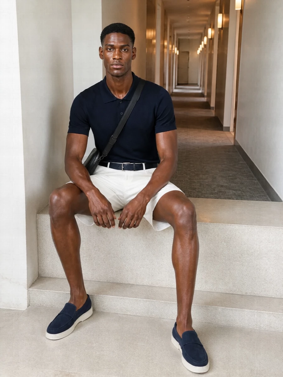Boss navy knit polo off white tailored shorts