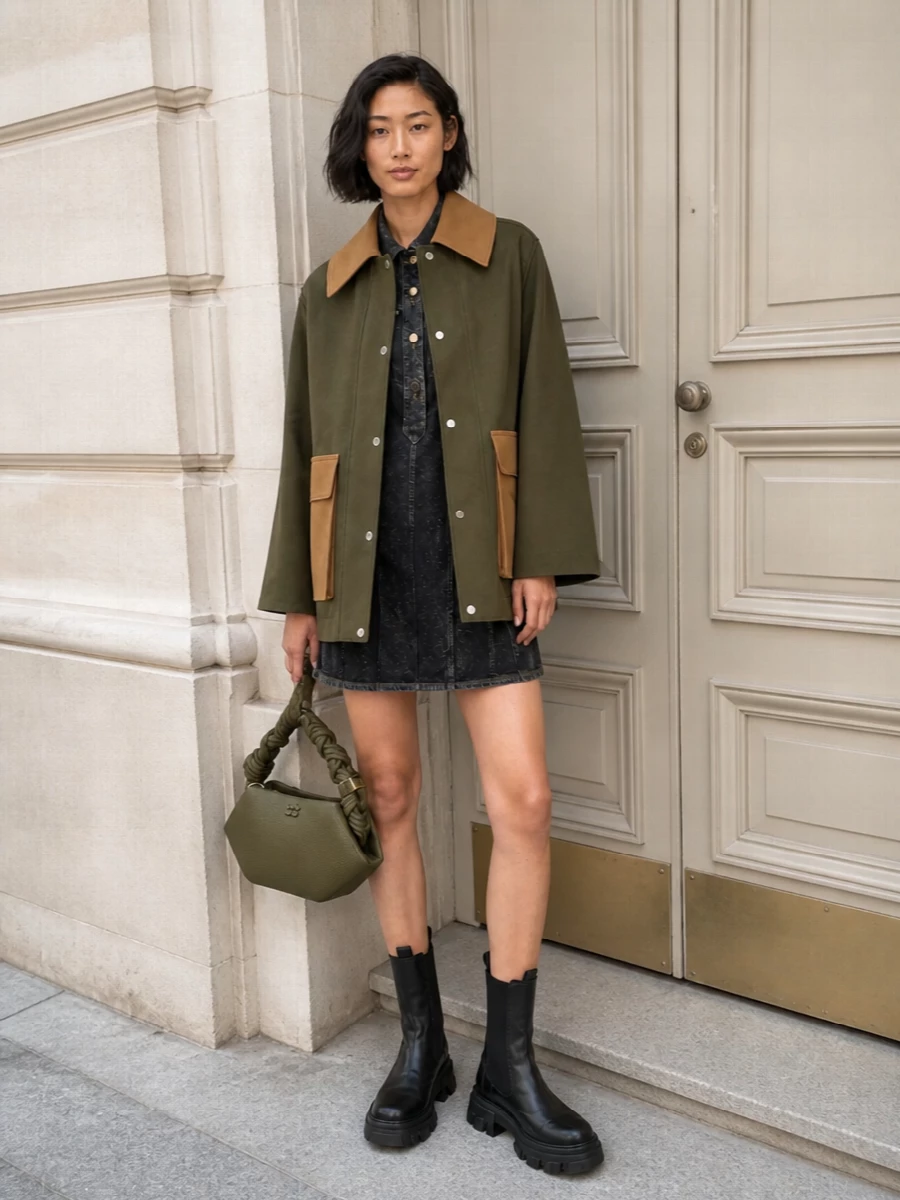 Ganni olive coat denim mini chelsea boots