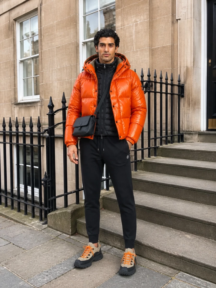 Moncler orange puffer black joggers trail sneakers