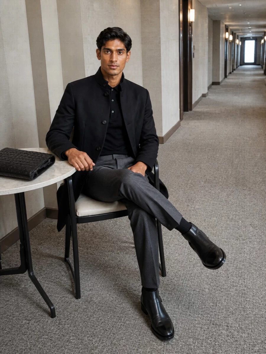 Lardini coat charcoal trousers black boots