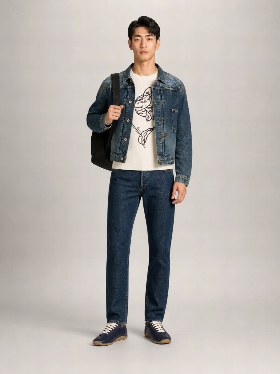 Kenzo Denim Floral Embroidered Cropped Jacket