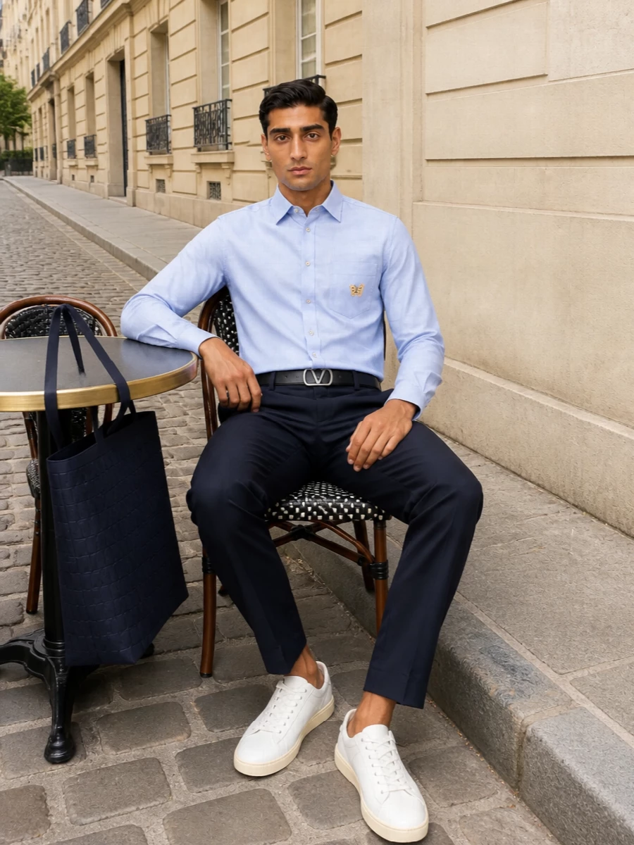 Valentino butterfly shirt navy trousers sneakers