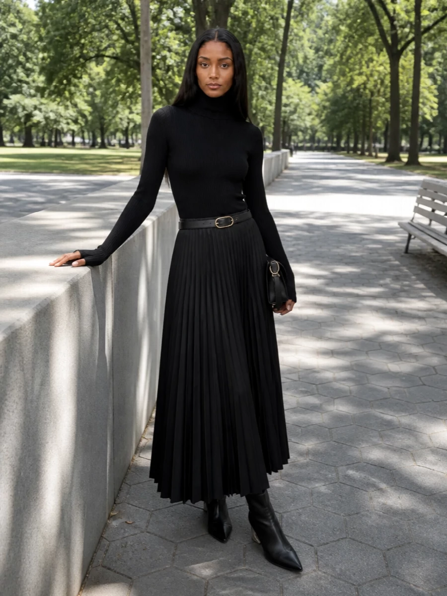 Junya pleated skirt black turtleneck outfit