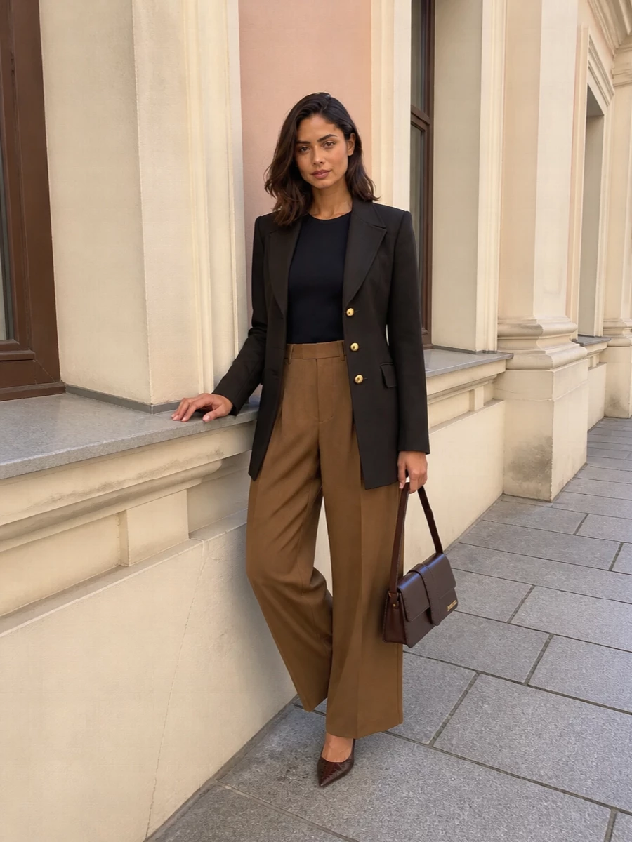 Ami paris blazer camel trousers jimmy choo pumps
