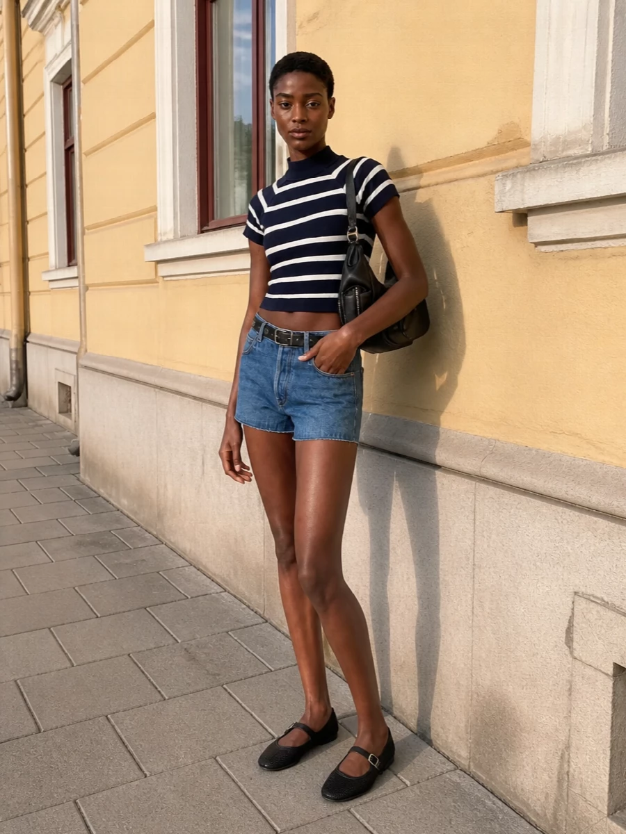 Miu miu denim shorts striped knit mesh flats
