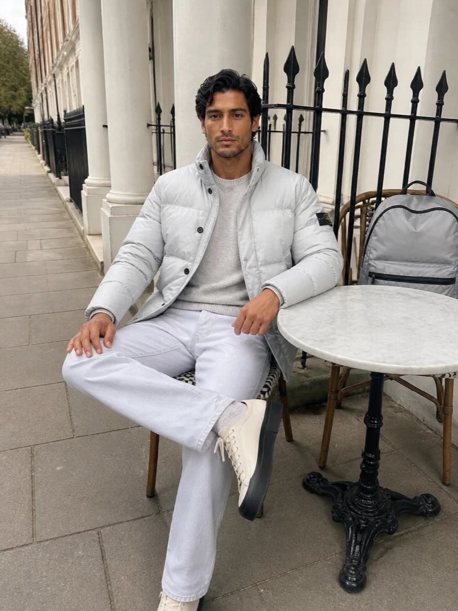 Stone island ice grey puffer light grey jeans