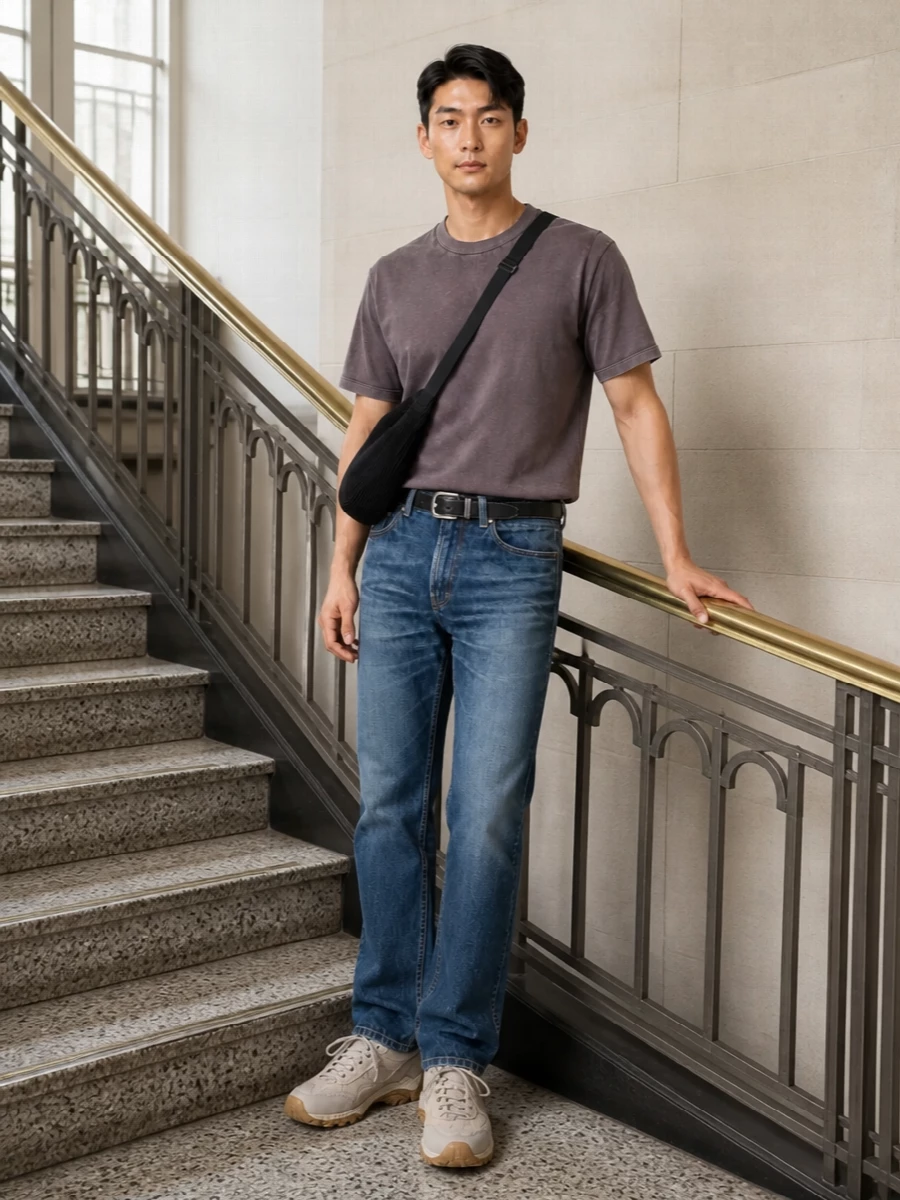 Mid‑indigo denim grounds the outfit, paired with a washed mauve‑grey tee that softens the palette without losing the street‑leaning edge. Pale trail sneakers keep it easy and practical for city days, while the sculptural black crossbody and stitched belt tighten up the details so everything feels intentional rather than thrown on. It is relaxed, minimal and slightly grunge‑tinged, ideal for off‑duty wear that still reads considered.
