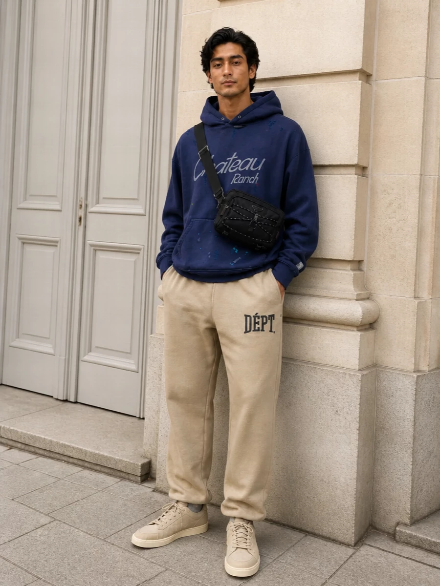 Gallery dept sand track pants navy hoodie sneakers