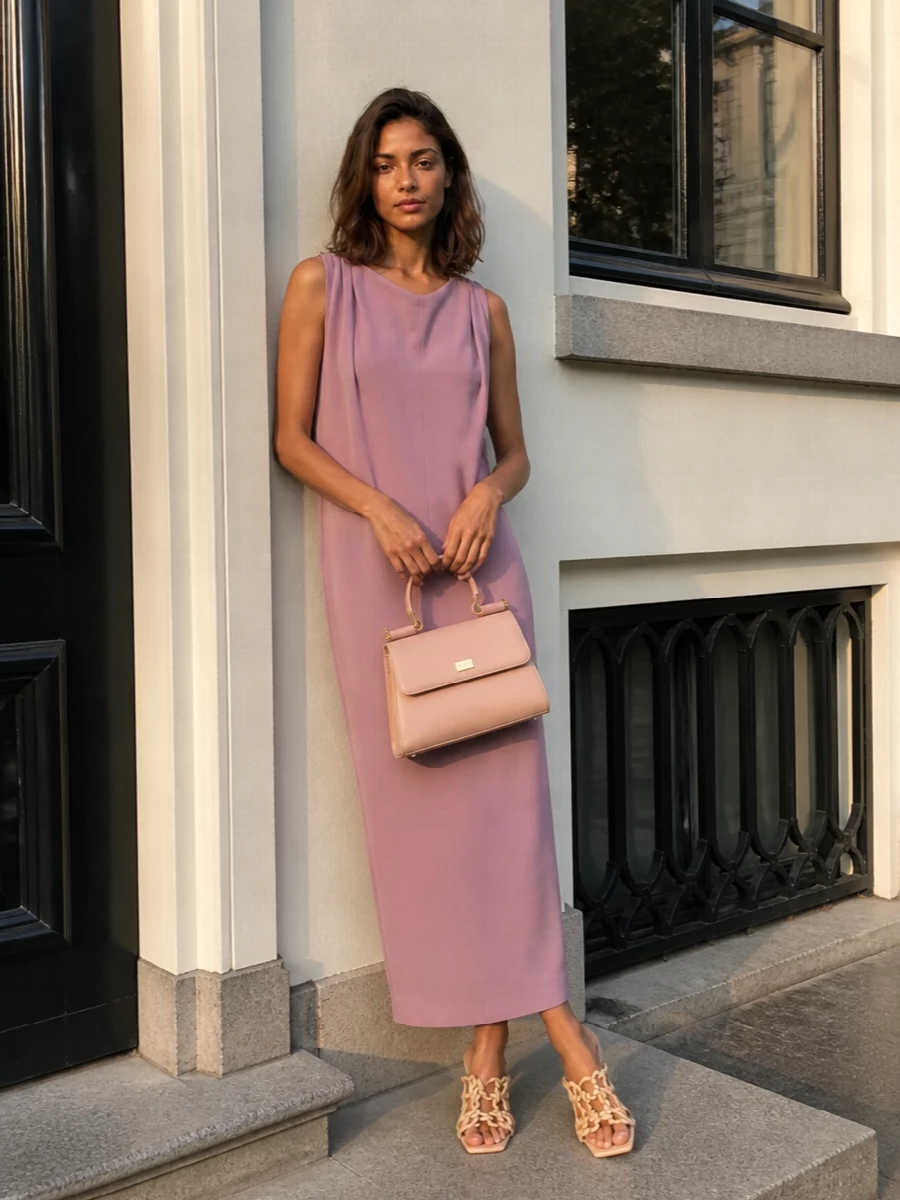 The Balenciaga dusty-rose column dress and Dolce & Gabbana blush top-handle bag create a soft monochrome story that feels romantic yet completely composed for dinners or gallery evenings. I chose the dress route over separates to keep the lines long and sculptural so the bag reads as a refined accent rather than having to compete with multiple textures. Bottega’s neutral braided mules ground everything in quiet luxury, adding just enough detail through texture while keeping the color story calm and cohesive.