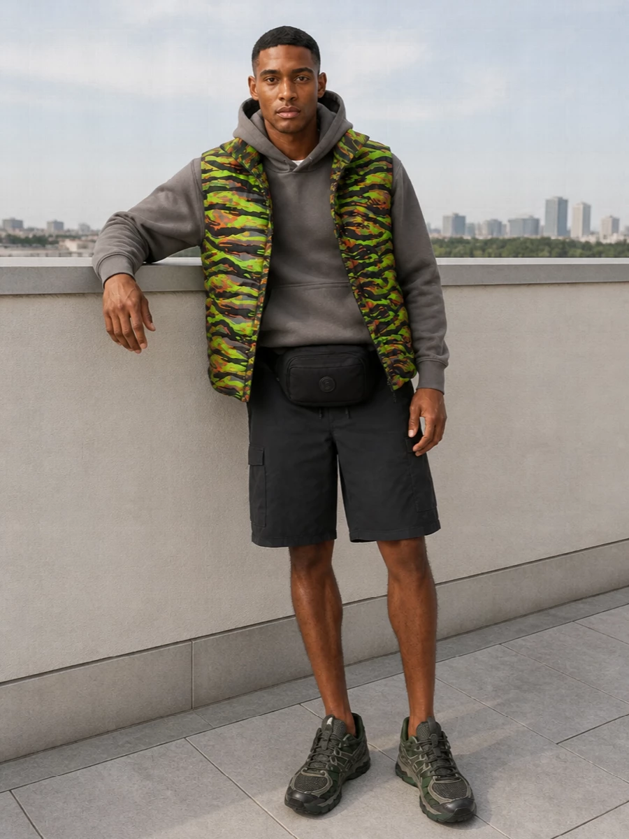 Erl neon gilet cargo shorts sneakers outfit