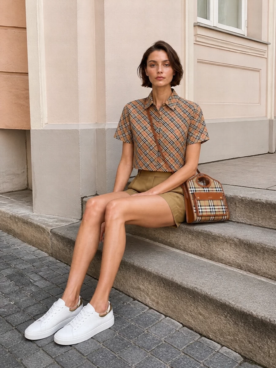 A cropped checked shirt is grounded with sharp camel pleated shorts for a clean, leggy take on heritage dressing. White leather sneakers keep the mood relaxed but refined, while a structured check top-handle bag adds just one considered logo note. The result is polished city casual, preppy without feeling matchy-matchy.