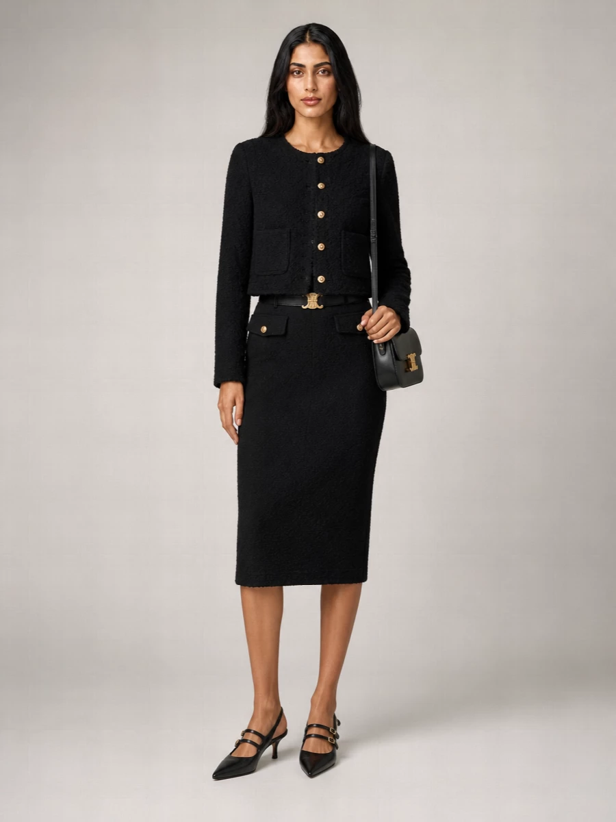 A sharp black bouclé jacket and matching textured pencil skirt create a seamless, Parisian column of quiet power. Pointed black slingbacks and a structured Triomphe bag in matching leather keep the line clean and leggy. A slim black belt at the waist sharpens the proportions for client meetings that roll into late dinners.