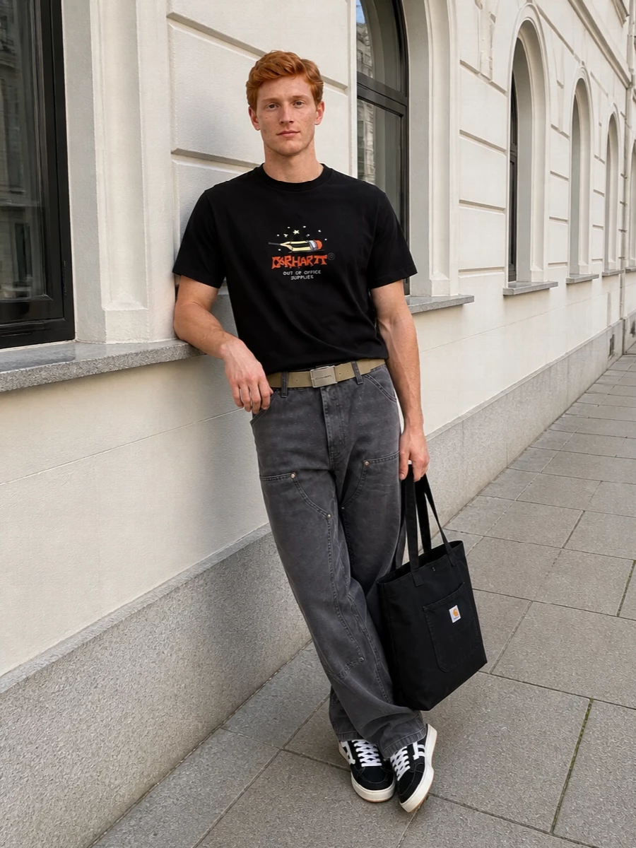 Carhartt WIP’s graphic tee sits over washed-charcoal work pants for a clean, skate-shop uniform that stays grounded in dark neutrals. Black suede Campus sneakers keep the line low and relaxed, while the oversized black tote and sand webbing belt add functional workwear detail without fighting the print. The result is a quietly graphic streetwear combo that feels ready for city laps, studio days, or late sessions at the skatepark.