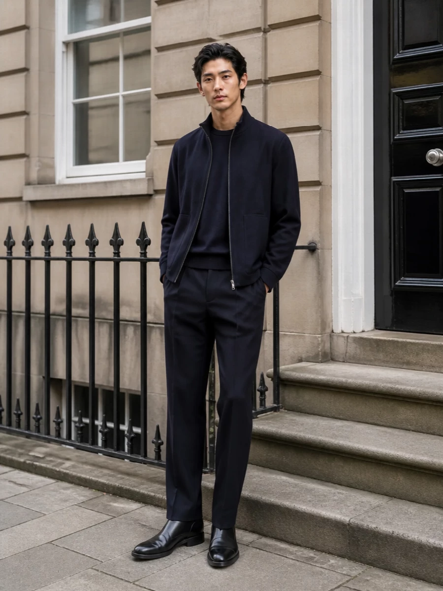 Lardini navy coat tailored trousers lemaire shoes