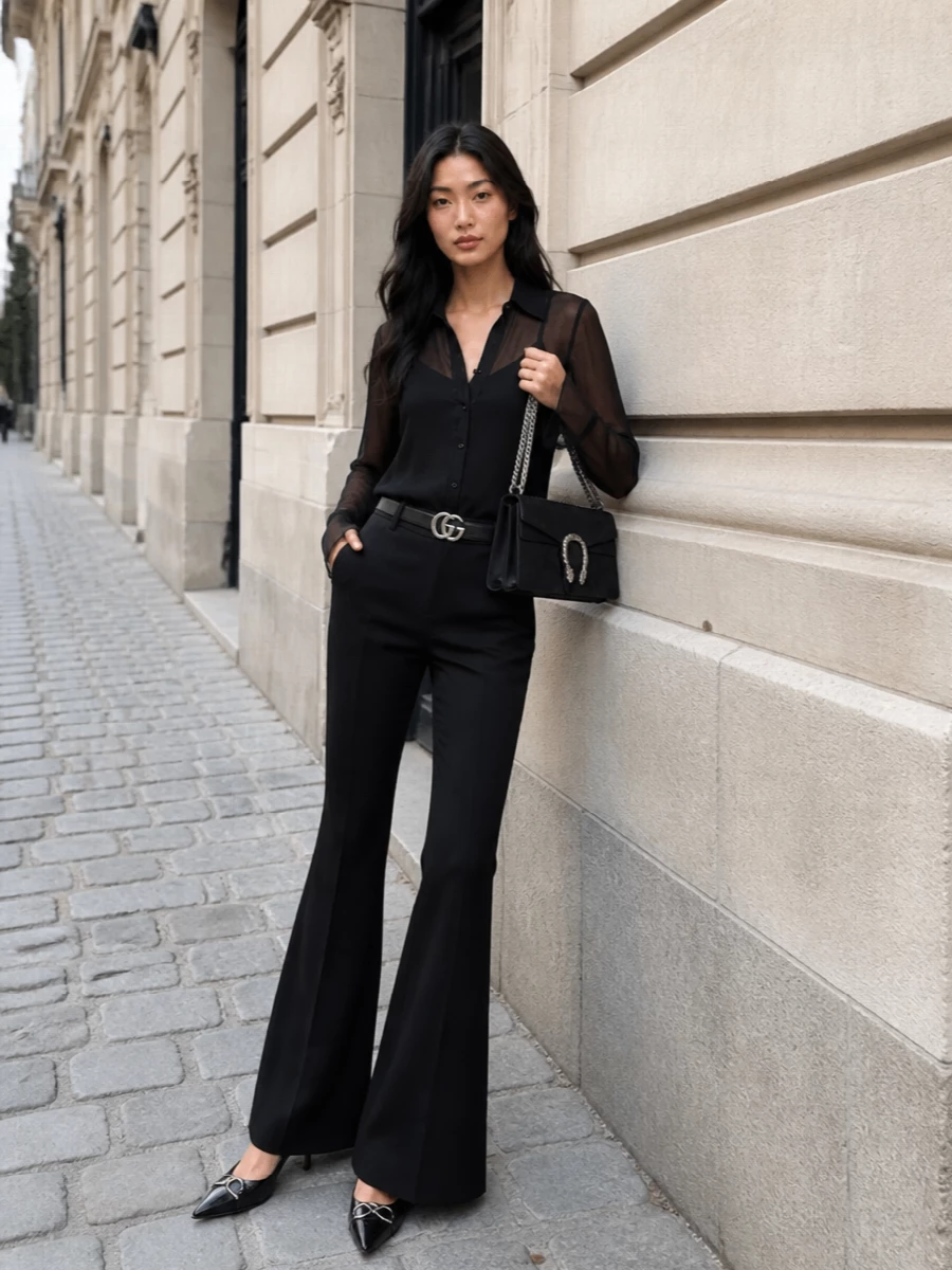 Gucci black flared trousers sheer blouse outfit