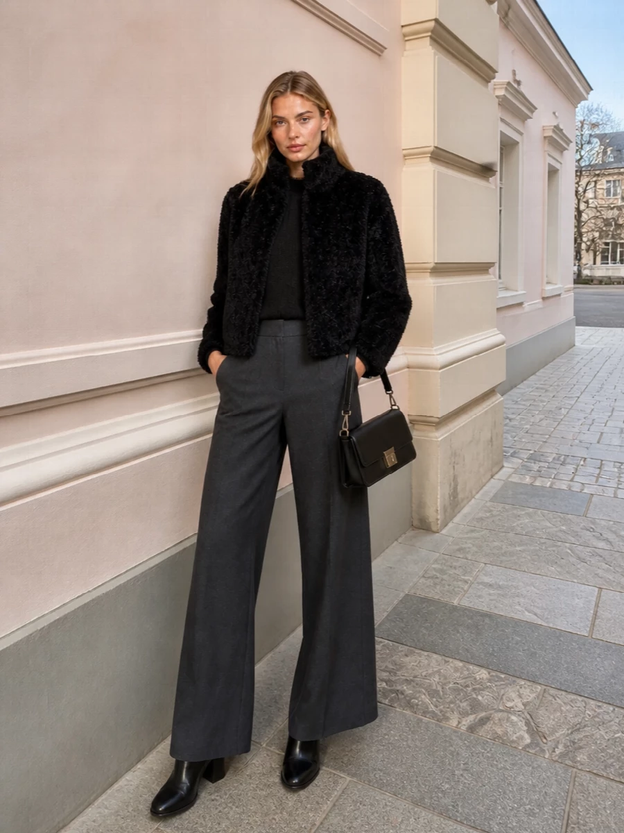 Herno faux fur jacket charcoal trousers outfit
