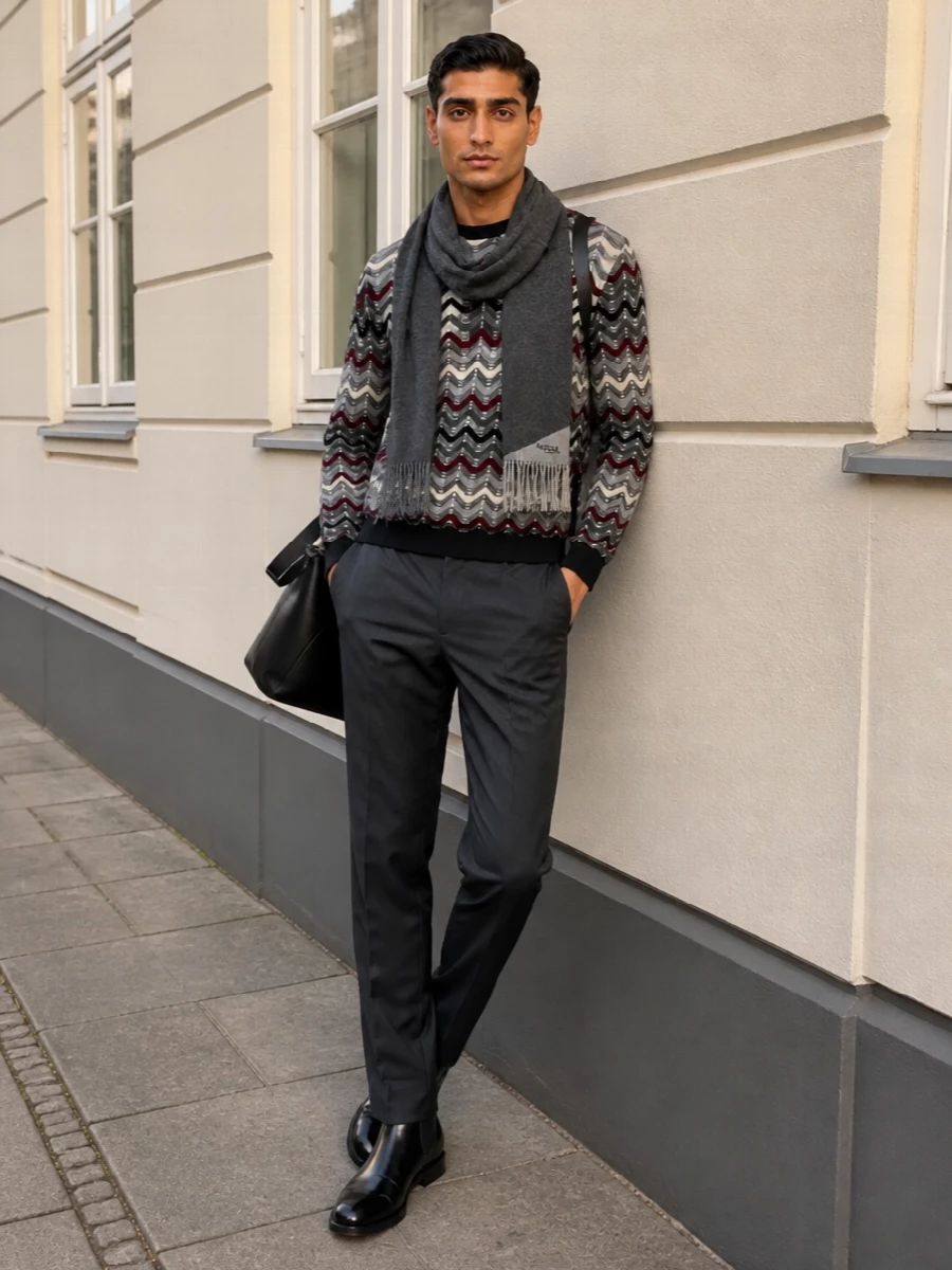 Missoni sweater prada charcoal trousers outfit