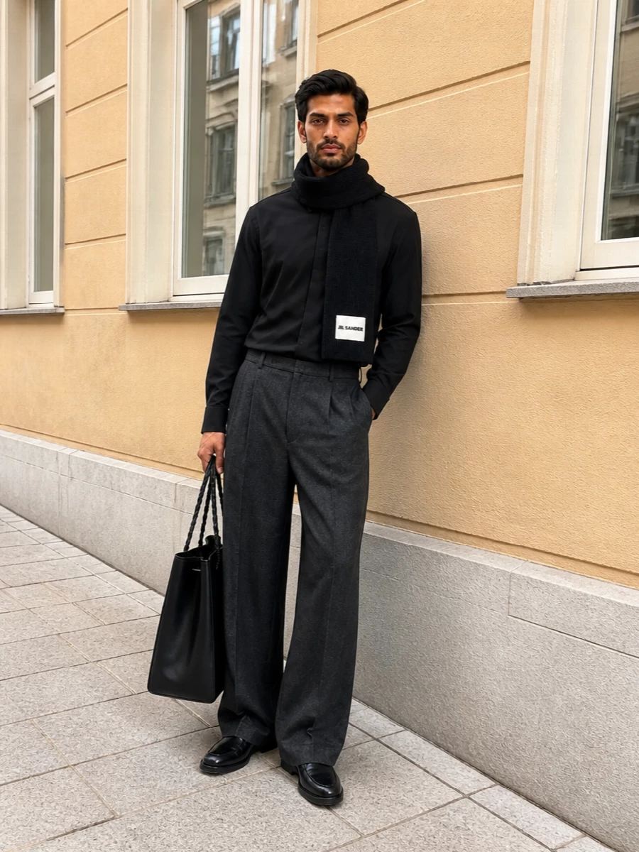 Jil sander charcoal wide leg trousers black shirt